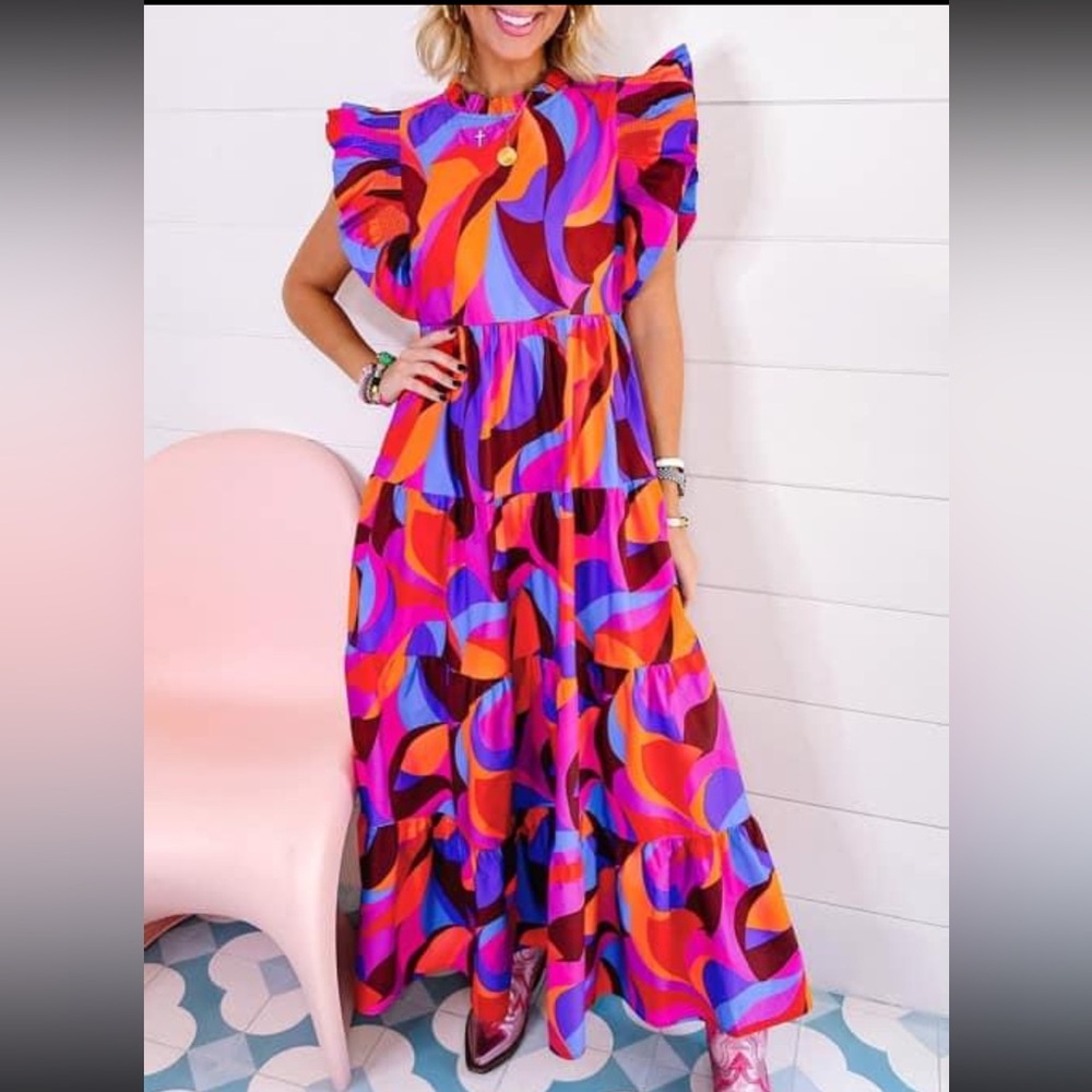 Bright and vibrant, high waisted, ruffle tiered, maxi dress